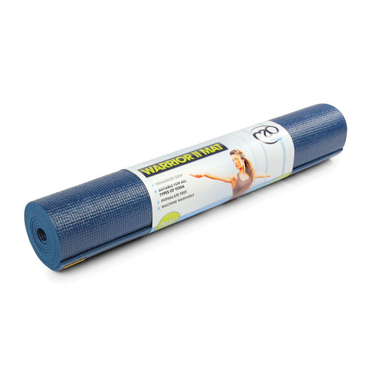 Fitness-Mad Warrior II Yoga Mat 4mm, navy blue with textured surface, lightweight and durable for yoga practice and floor exercises.