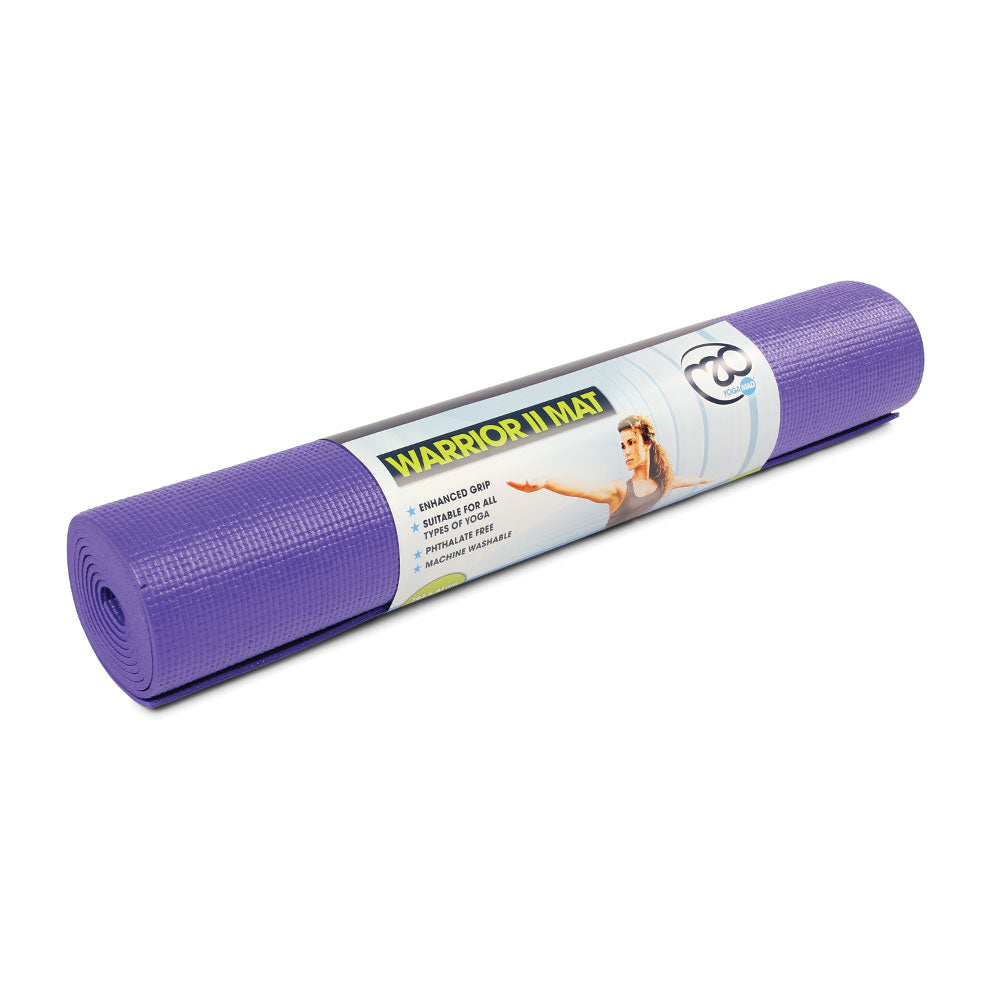 Fitness-Mad Yoga-Mad Warrior II 4mm yoga mat laid flat, showcasing its textured surface and vibrant color for comfortable practice.