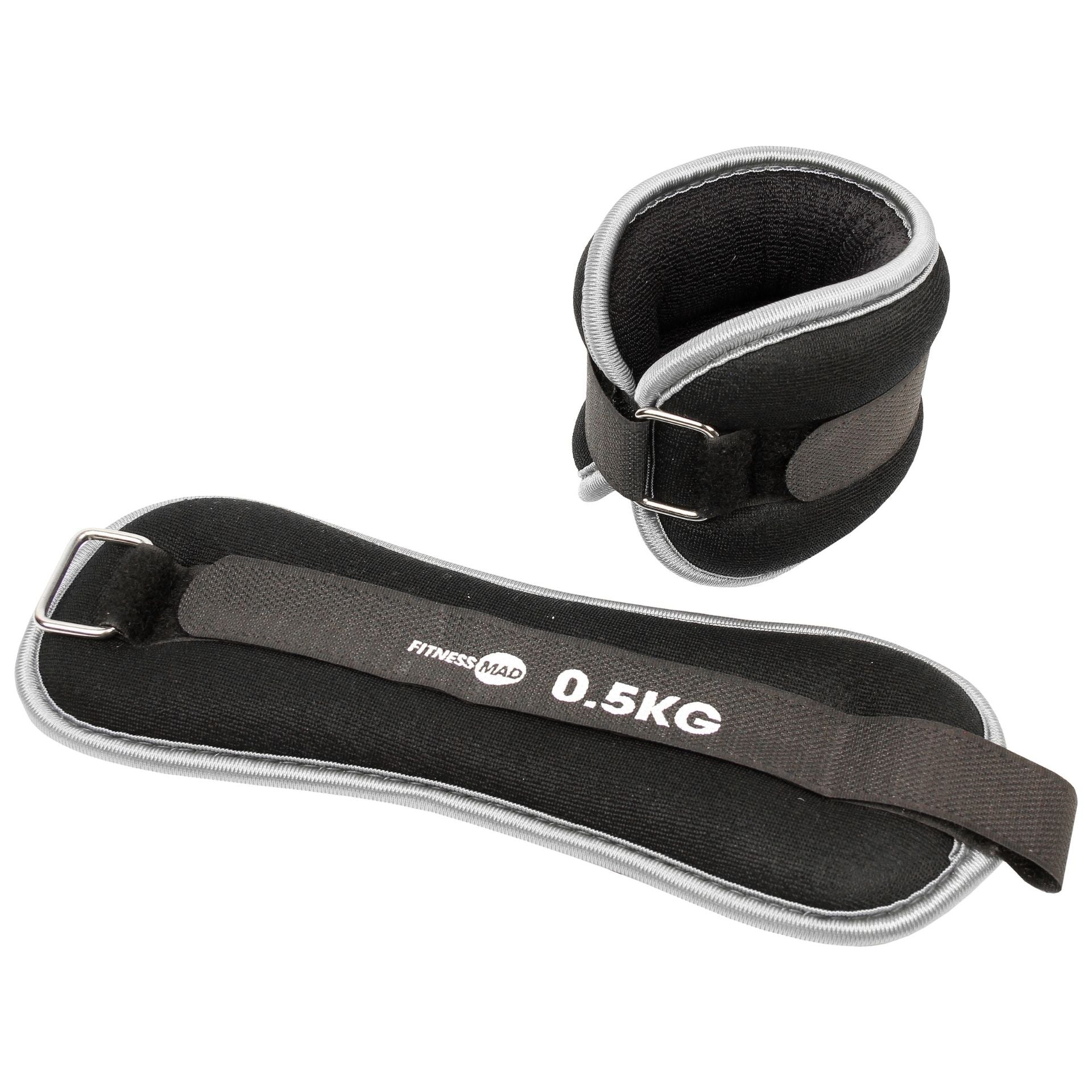 Fitness Mad neoprene wrist and ankle weights for exercise and strength training, shown in black with adjustable straps.