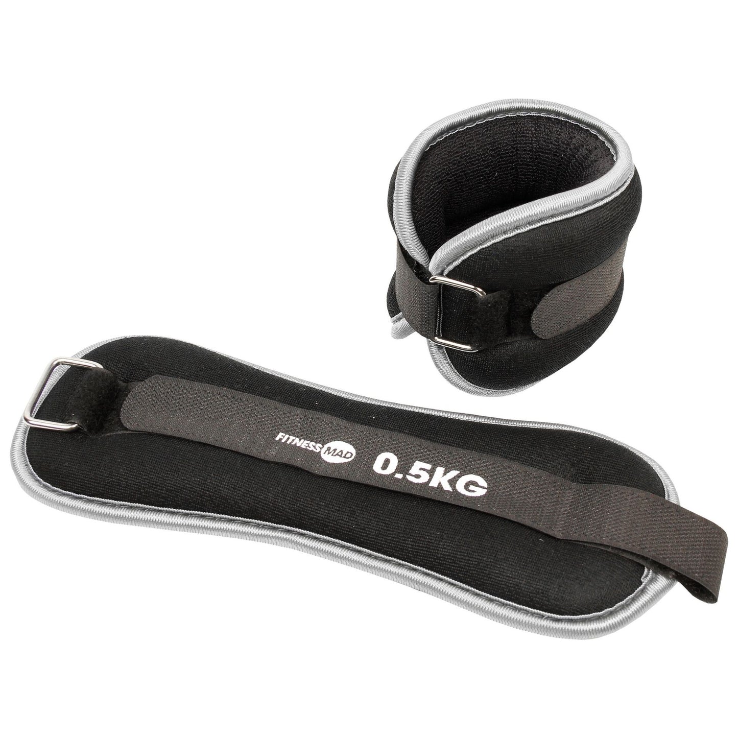 Fitness-Mad neoprene wrist and ankle weights for exercise, shown in black with adjustable straps and compact design.