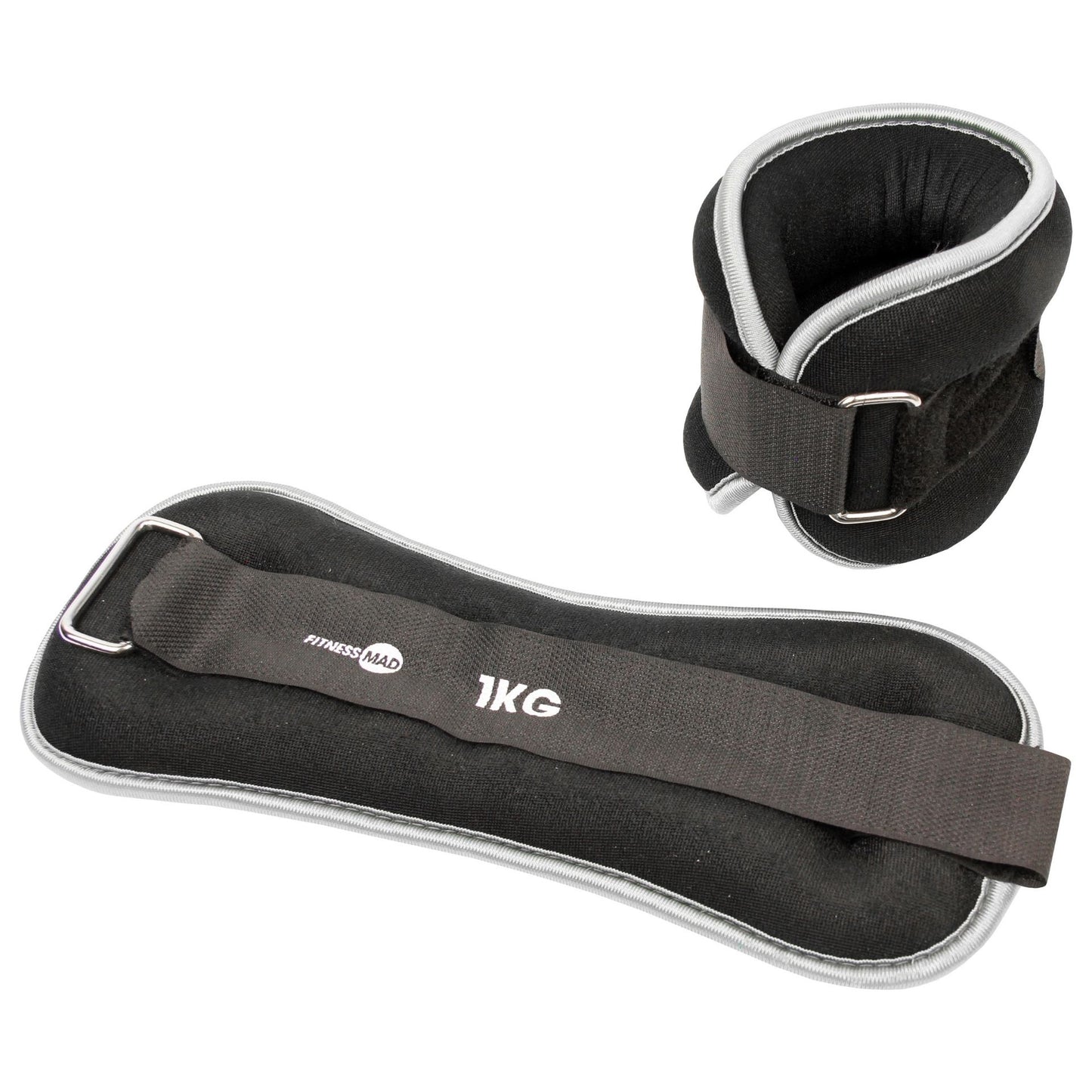 Fitness-Mad neoprene wrist and ankle weights for exercise, shown in black with adjustable straps for comfort.