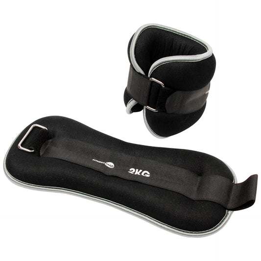 Fitness Mad neoprene wrist and ankle weights, black with adjustable straps, designed for sports and fitness training.