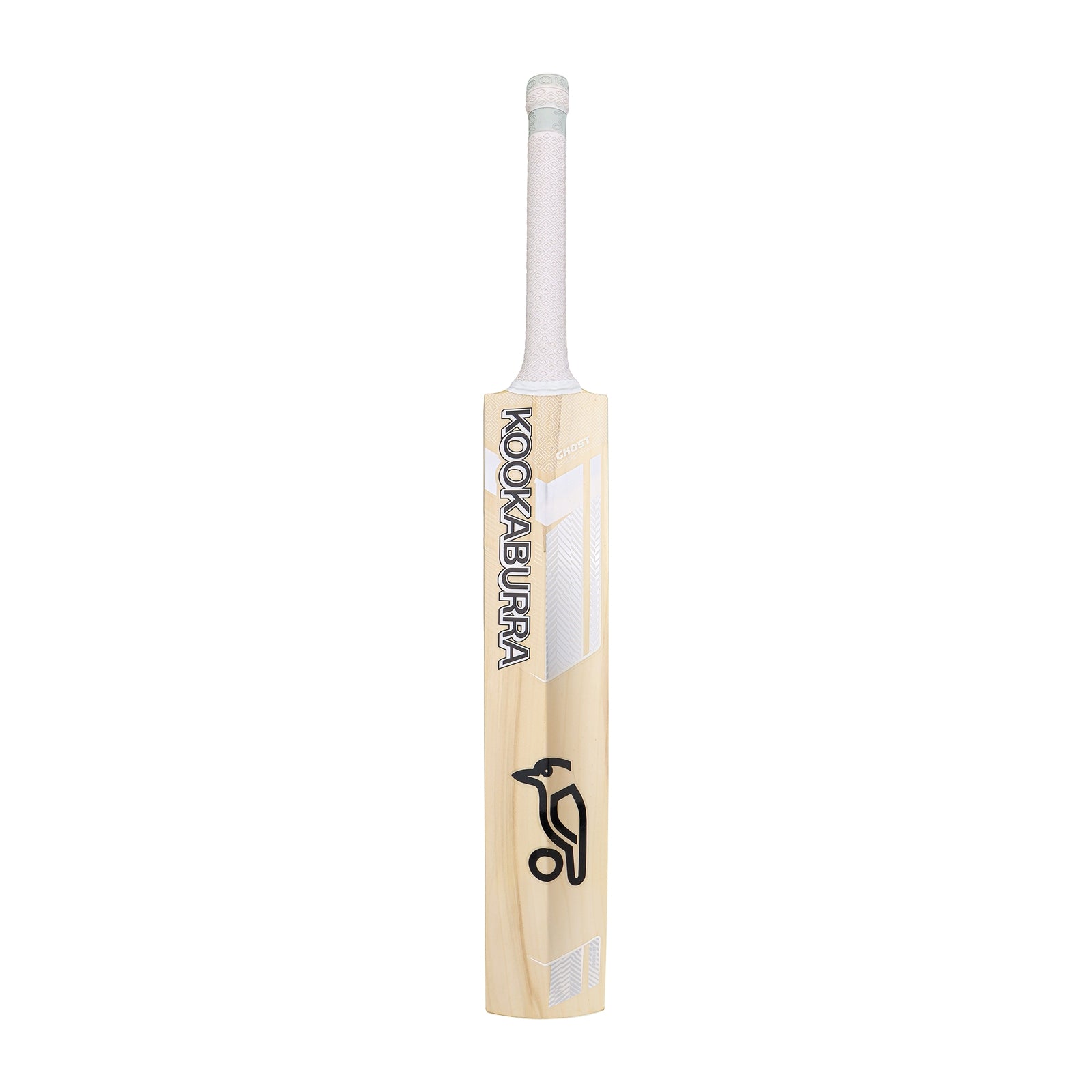 Kookaburra Ghost 7.1 cricket bat with wooden handle and white grip, showcasing the bat's blade and branding for cricket play.