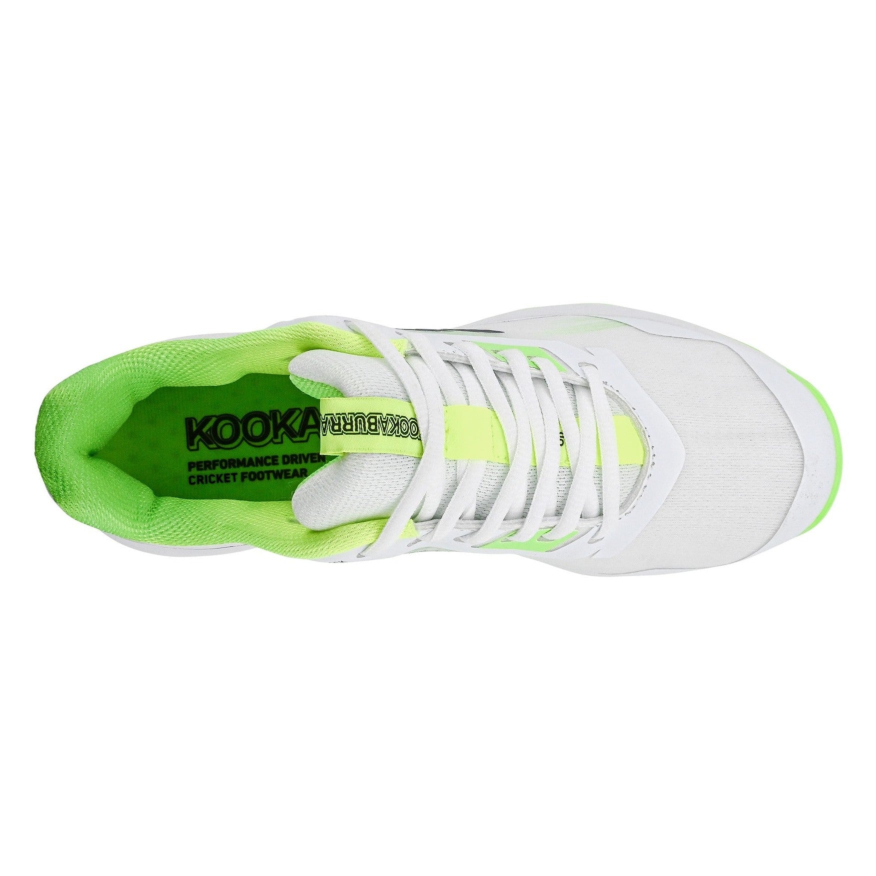 Kookaburra KC 2.0 Spike Cricket Shoe with white and blue design, featuring spikes for enhanced grip on the cricket field