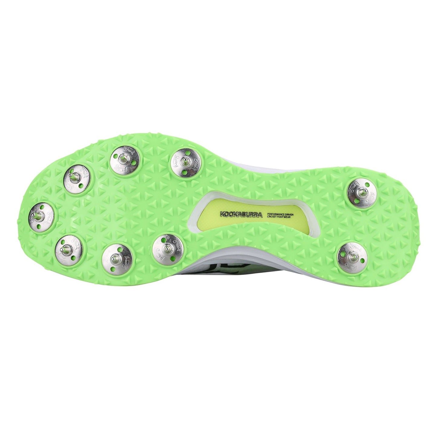 Kookaburra KC 2.0 Spike Cricket Shoe showing black and yellow design with studded spikes for cricket performance