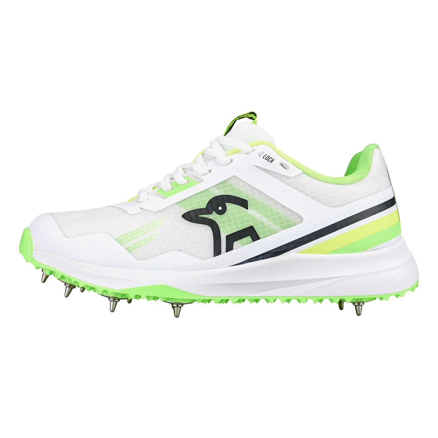 Kookaburra KC 2.0 Spike Cricket Shoe showing black and white design with spike sole for cricket players.
