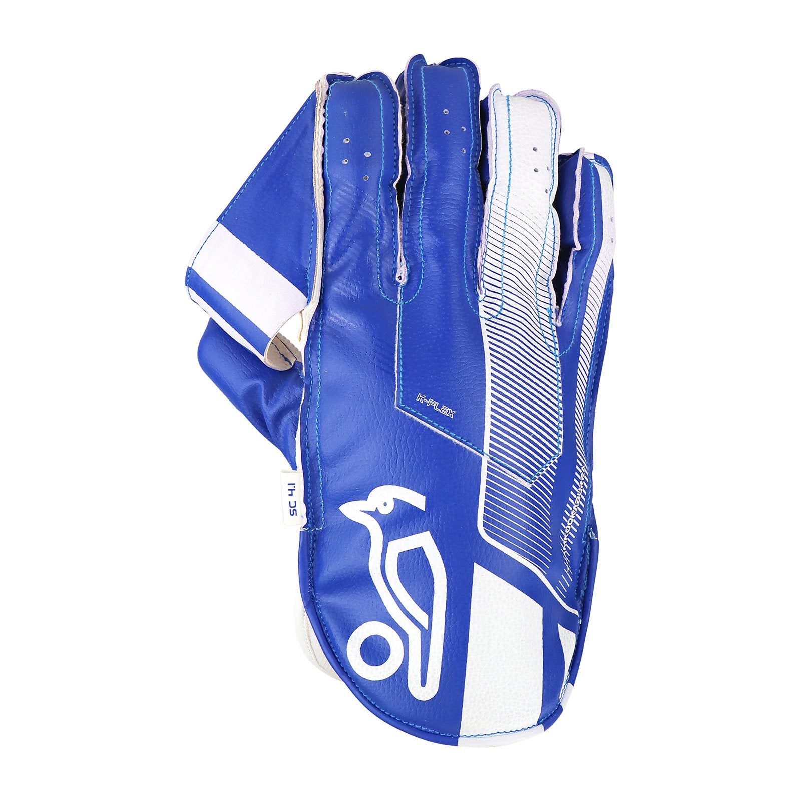 Kookaburra SC 4.1 wicket keeping gloves for cricket, showing padded palms and finger protection in black and yellow design.