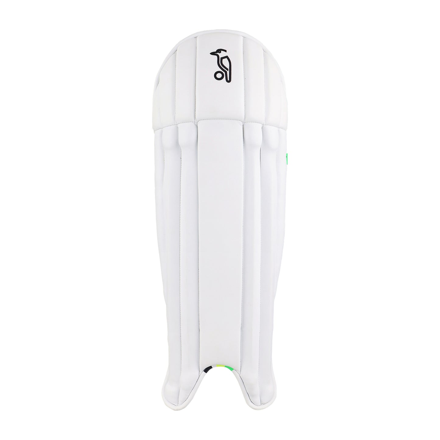 Kookaburra 4.0 cricket wicket keeping pads in white with black straps, designed for cricket wicket keeping protection.