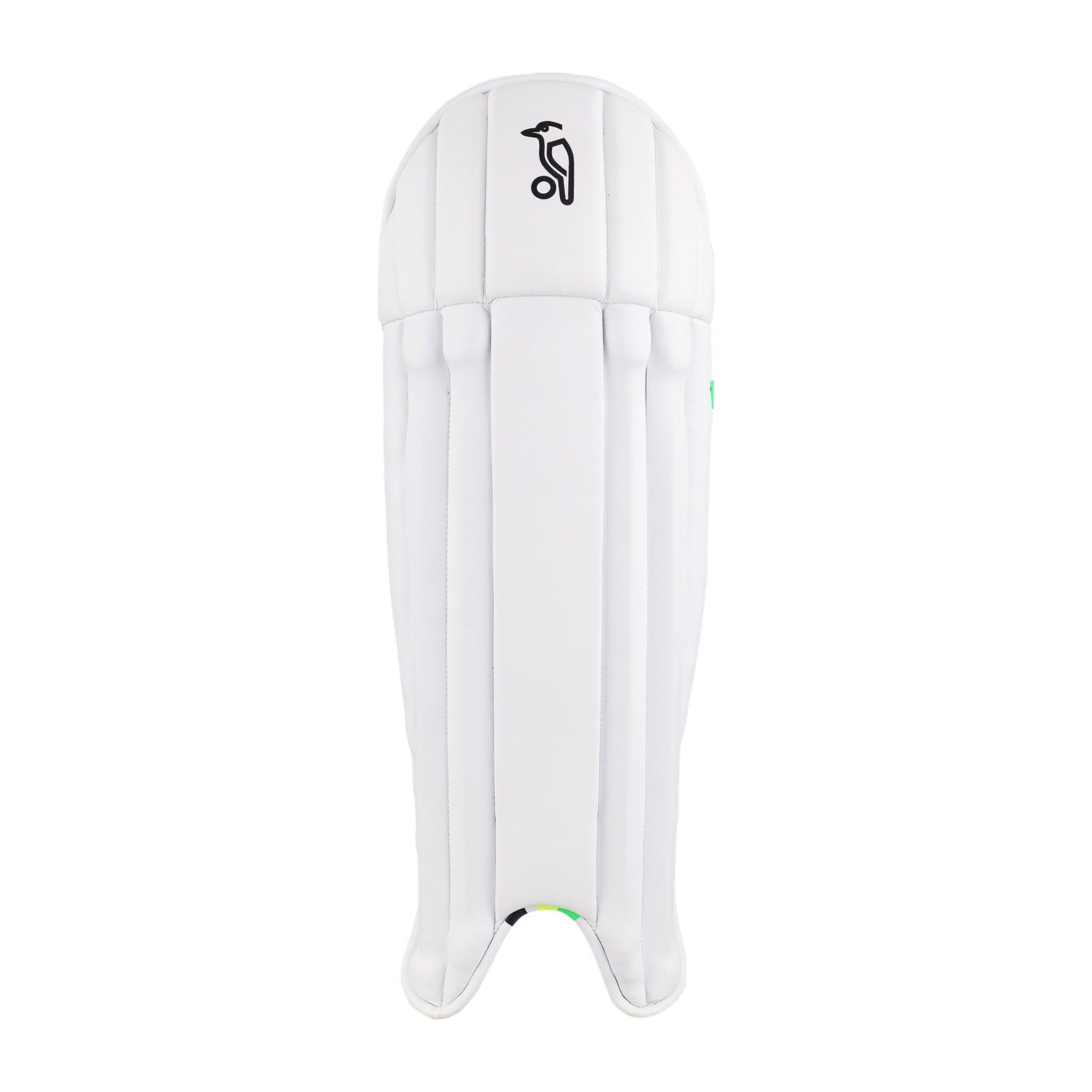 Kookaburra 4.0 cricket wicket keeping pads in white with black straps, designed for cricket wicket keeping protection.