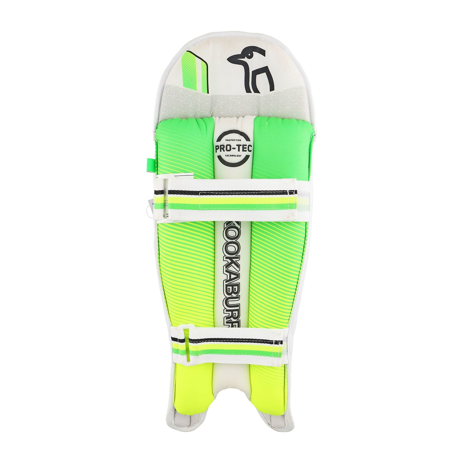 Kookaburra 4.0 cricket wicket keeping pads in white with black accents, featuring adjustable straps and protective padding.