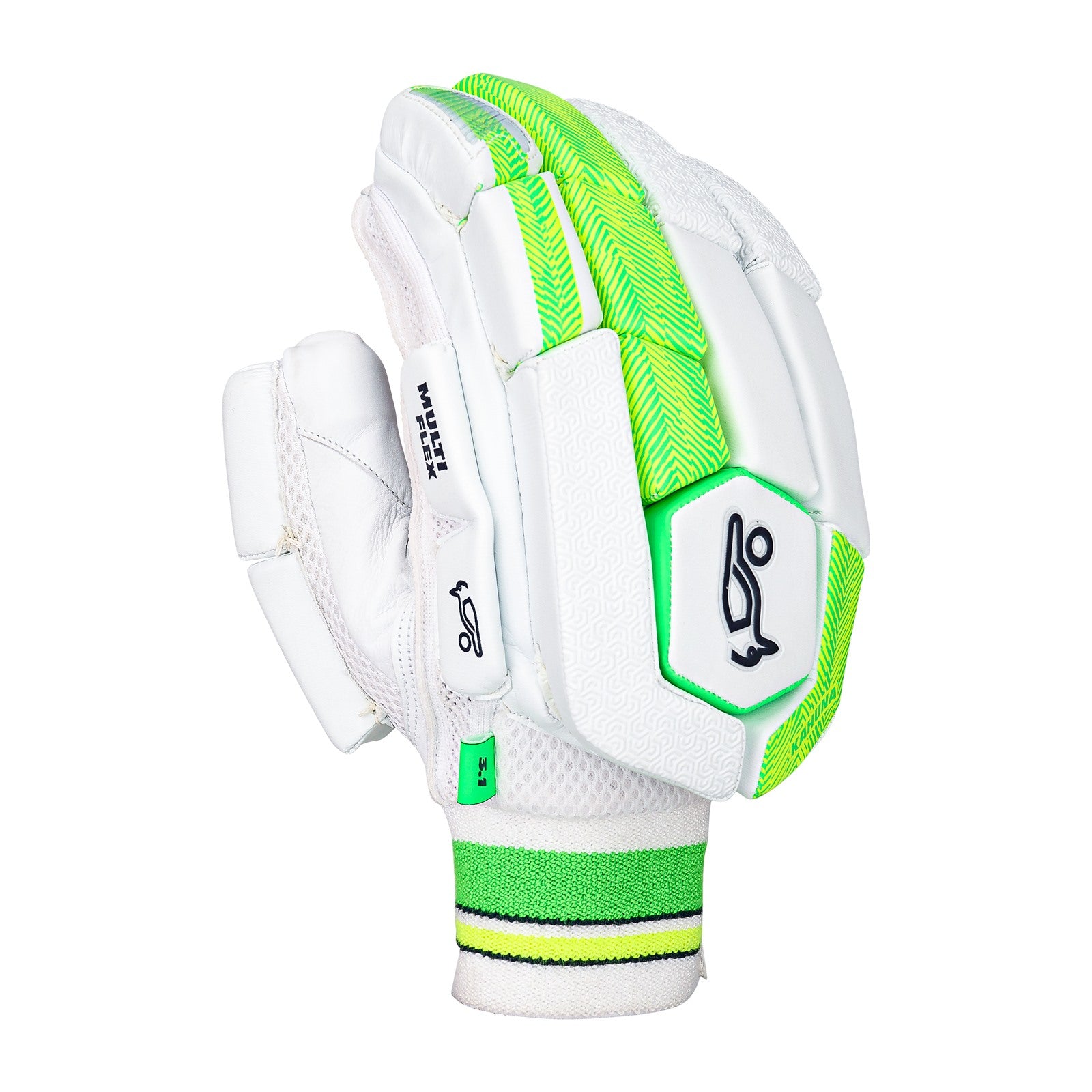 Kookaburra Kahuna Batting Glove 3.1 for cricket, showing padded palm and adjustable wrist strap in a close-up image.