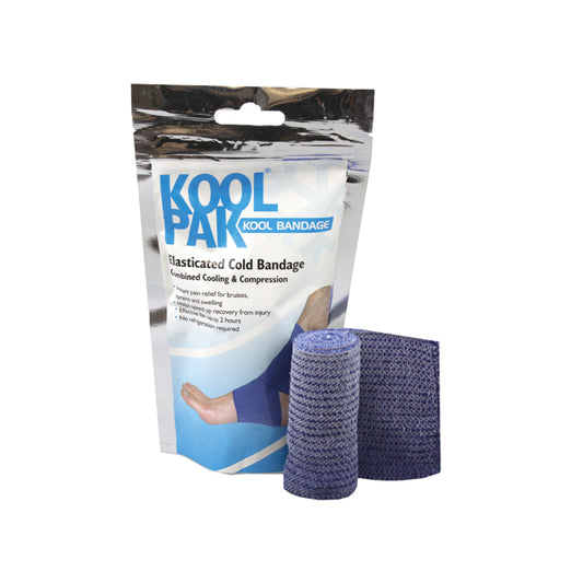 Koolpak elasticated cold bandage, 7.5cm x 2m, in blue, with stretchable material for sports injury support and cold therapy.