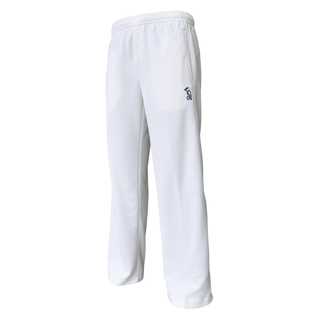 Kookaburra Pro Players cricket trousers in navy with white accents, tailored for comfort and performance.