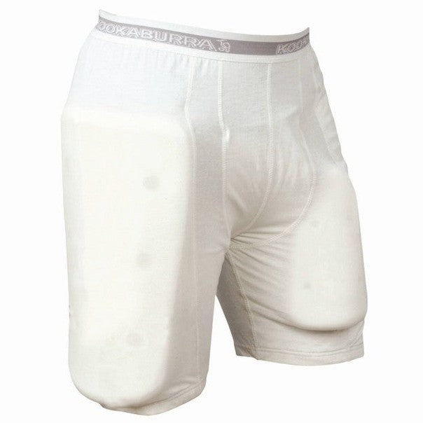 Kookaburra cricket protective shorts with padded leg guards and adjustable waistband for enhanced safety during play.
