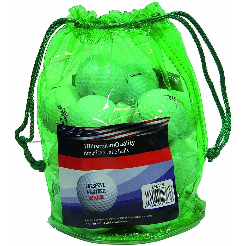 Longridge 18 premium grade lake golf balls with green mini-bag, sporting goods, close-up of golf balls and compact bag.