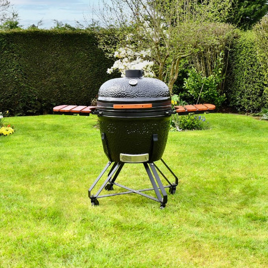SAC 21-inch Kamado ceramic grill and outdoor oven for grilling and barbecuing in the backyard.