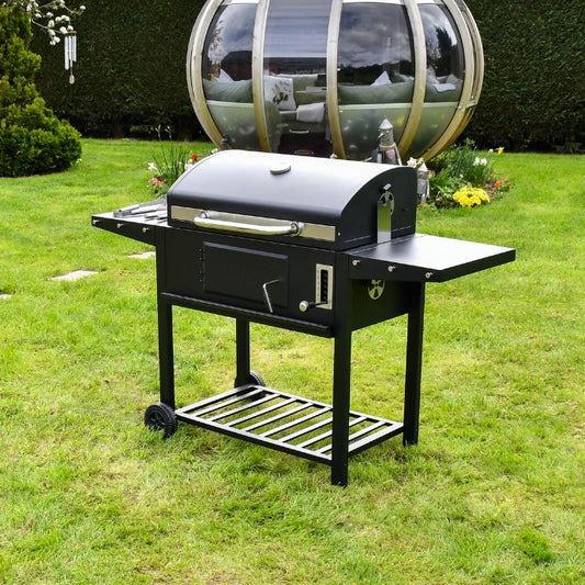 SAC Charcoal BBQ with warming rack and built-in thermometer, outdoor grilling sporting goods for barbecues and cookouts.