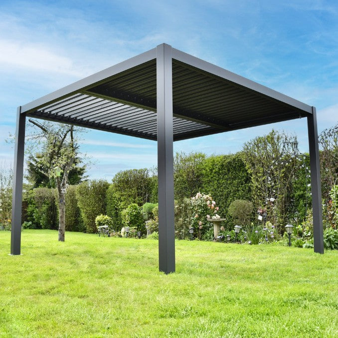 SAC aluminum Louvre pergola with adjustable slats, 4x3 meters, outdoor shading structure for patio or garden.