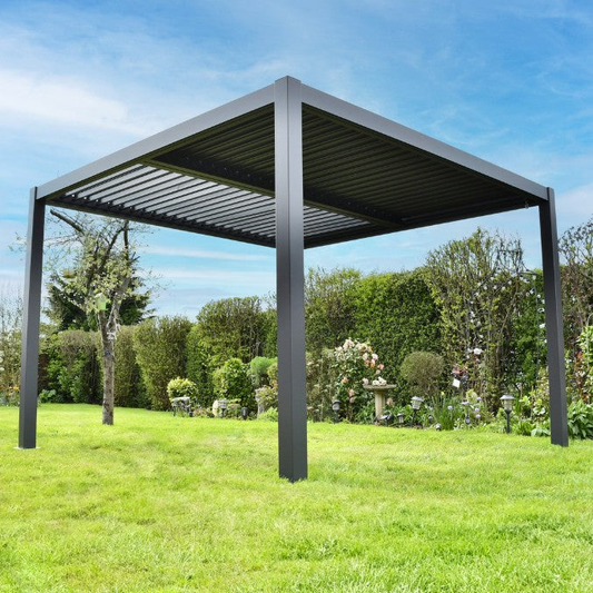 SAC aluminium louvre pergola measuring 4x3 meters, with adjustable slats and sturdy frame for outdoor shading and shelter.