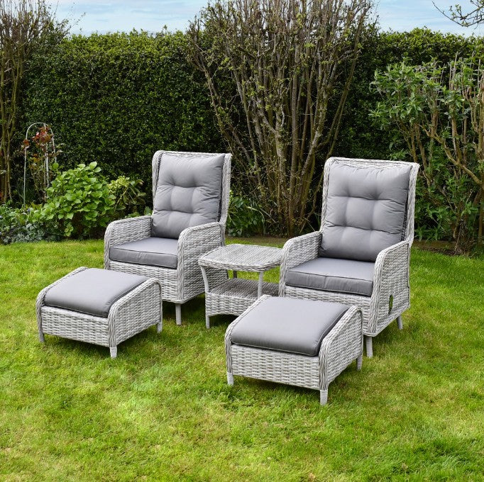 SAC LUX Alloy and PE Rattan 5-piece patio set with outdoor table and chairs, featuring beige cushions and modern design.
