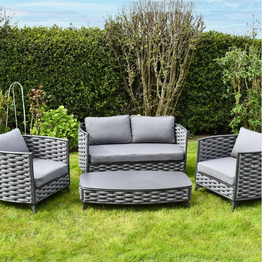 SAC Deluxe Rope Weave Patio Set with cushioned chairs and table, outdoor sporting goods for comfortable patio lounging.