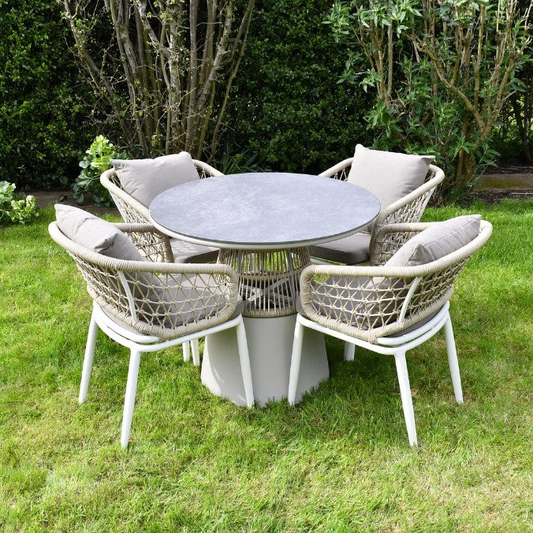 SAC Deluxe Rope 4 chairs with a round table set, featuring woven rope seats and a wooden table surface for outdoor or patio use.
