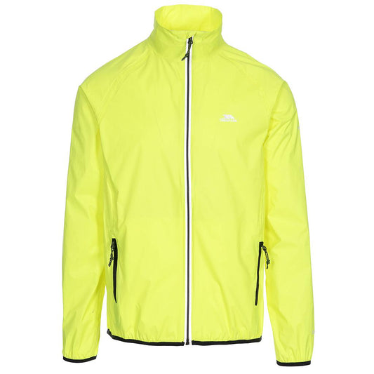 Trespass men's retract shell jacket in black with front zipper, adjustable hood, and multiple pockets, designed for outdoor sports.