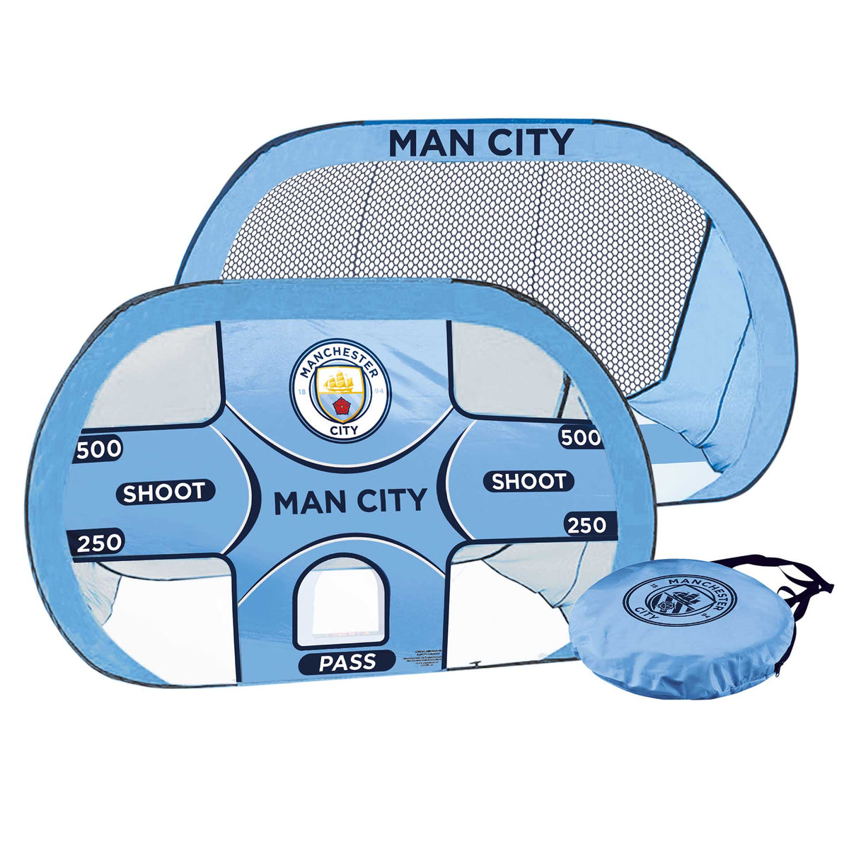 Team Merchandise 2-in-1 pop-up target goal for sporting goods, featuring a foldable design and vibrant colors for practice or games.