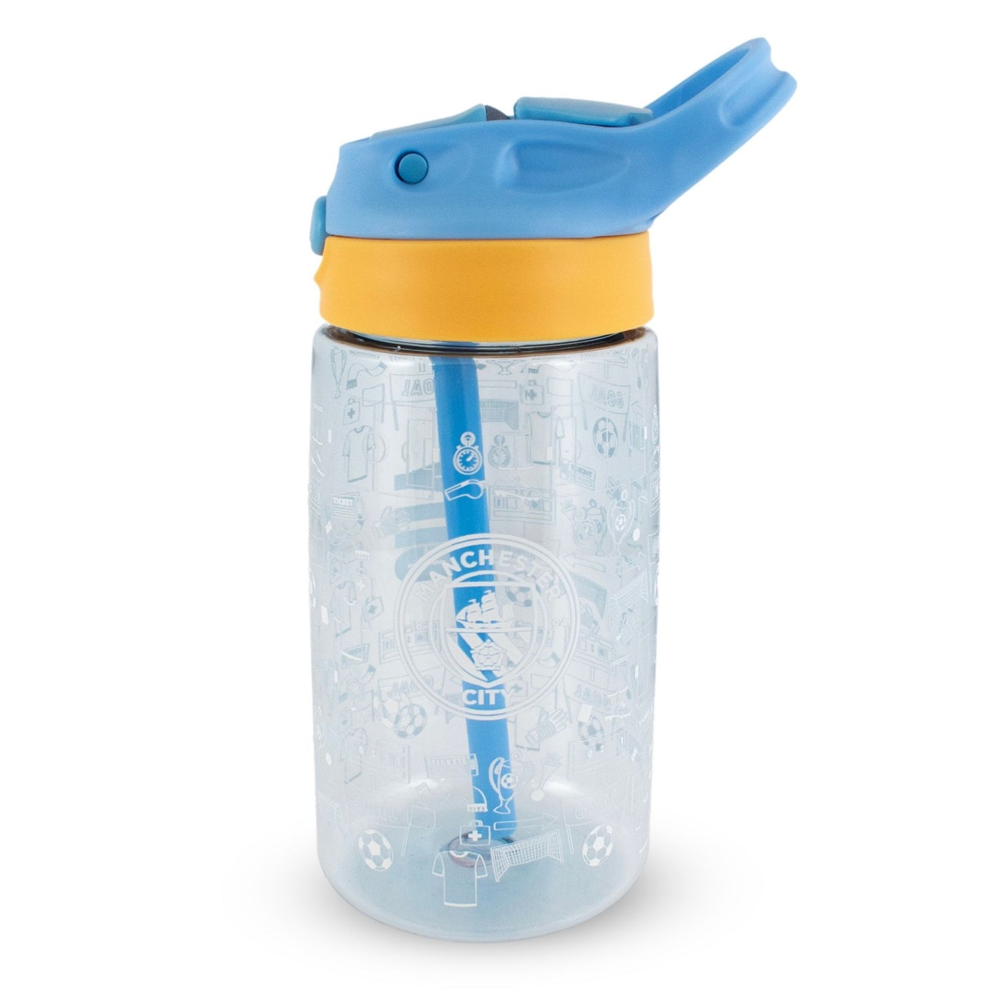 Team Merchandise 480ml kids water bottle with sports-themed design, durable plastic construction, and a secure screw-on lid.