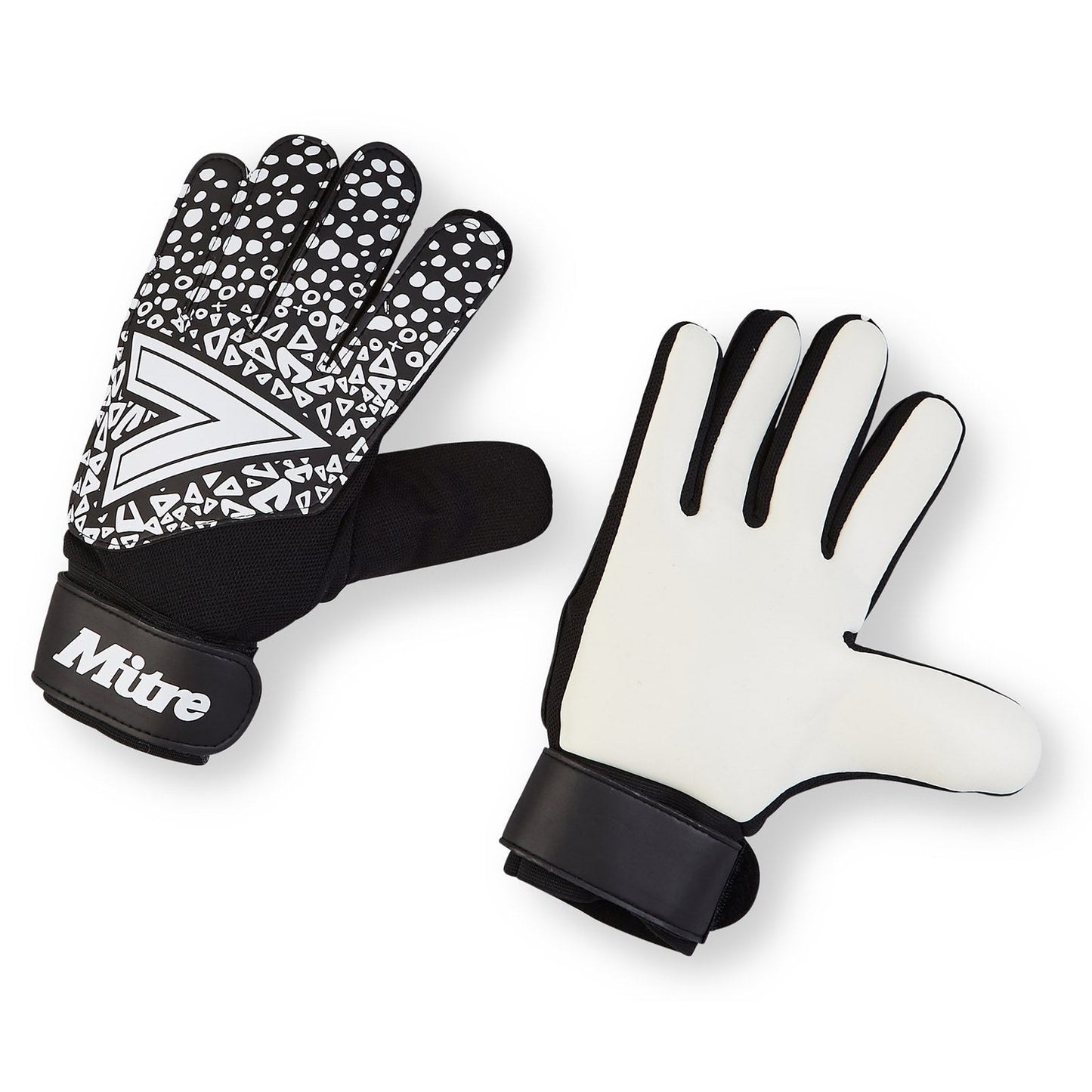 Mitre Senior Magnetite Goalkeeping Glove for football, showing the black and green glove with grip details and adjustable strap.