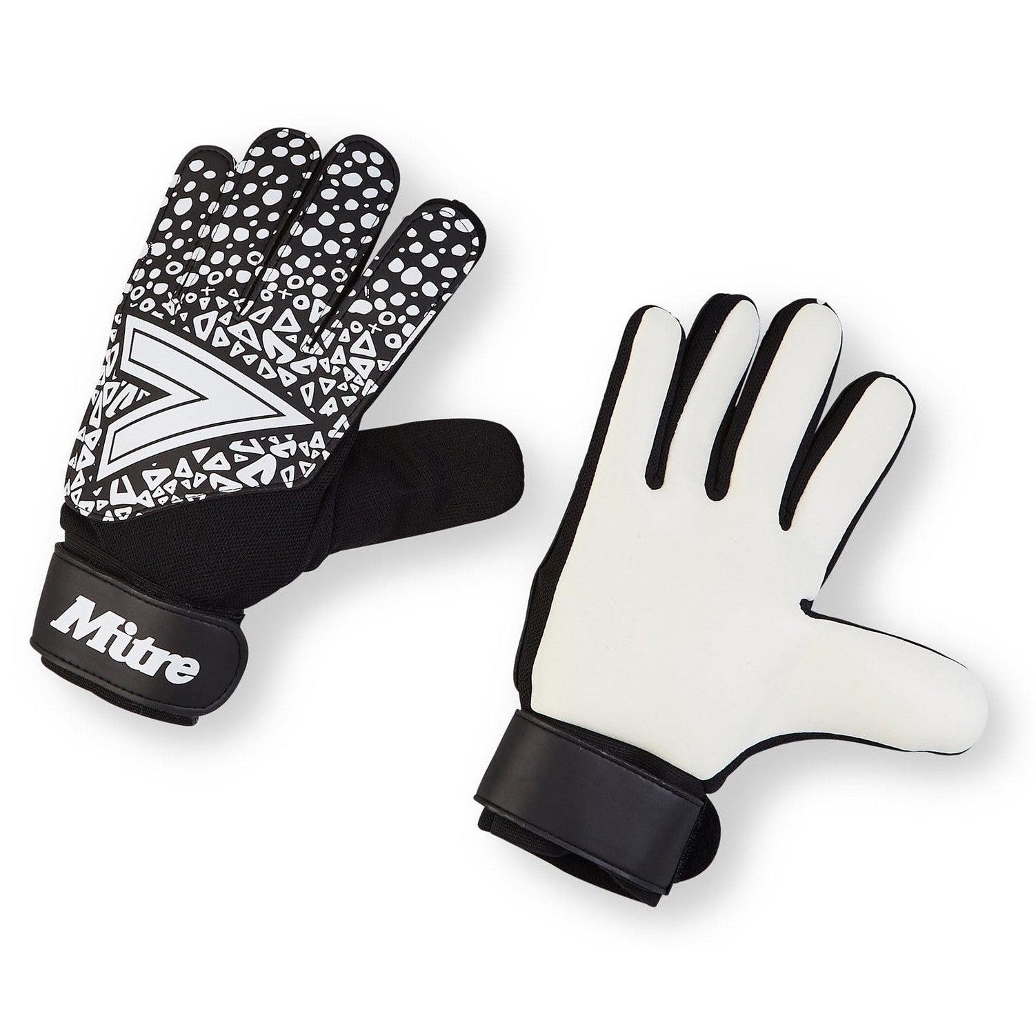 Mitre Senior Magnetite Goalkeeping Glove for football, showing the black and green glove with grip details and adjustable strap.