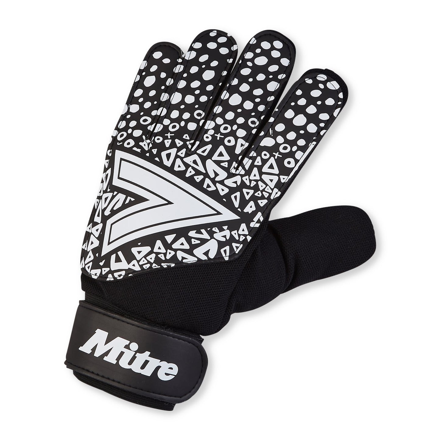 Mitre Senior Magnetite Goalkeeping Glove for football, showing the black and white glove with grip palms and strap closure.