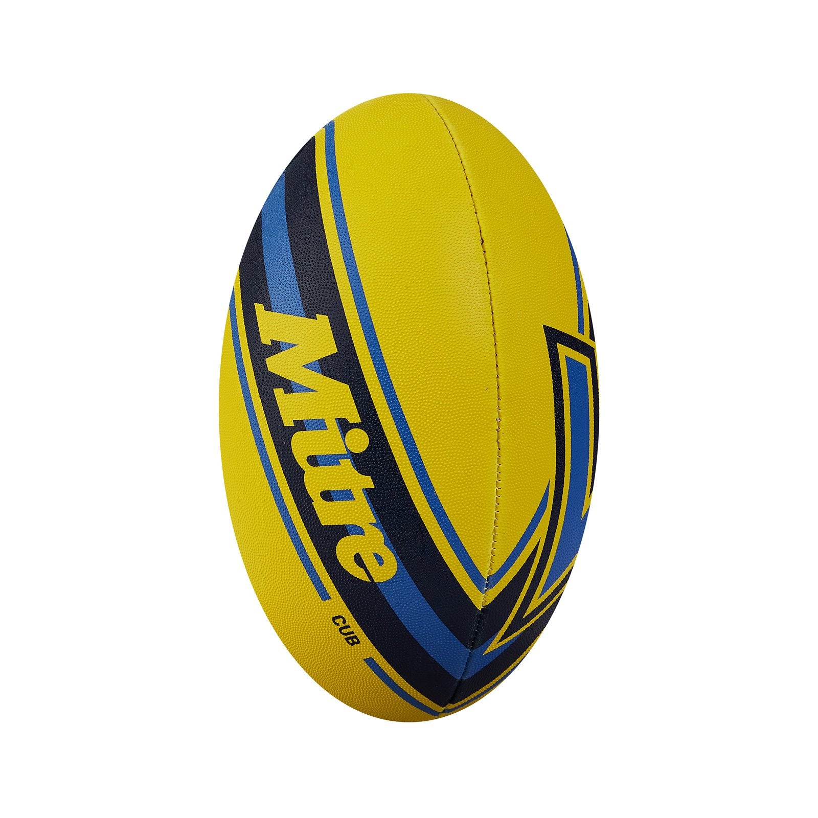 Mitre Cub rugby ball with orange and white panels, textured surface, designed for rugby games and training.