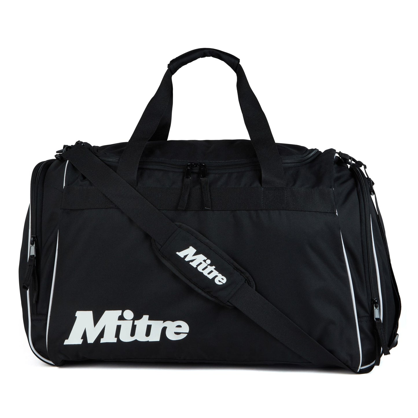 Mitre Sunday League football bag with multiple compartments and adjustable straps, designed for carrying football gear.