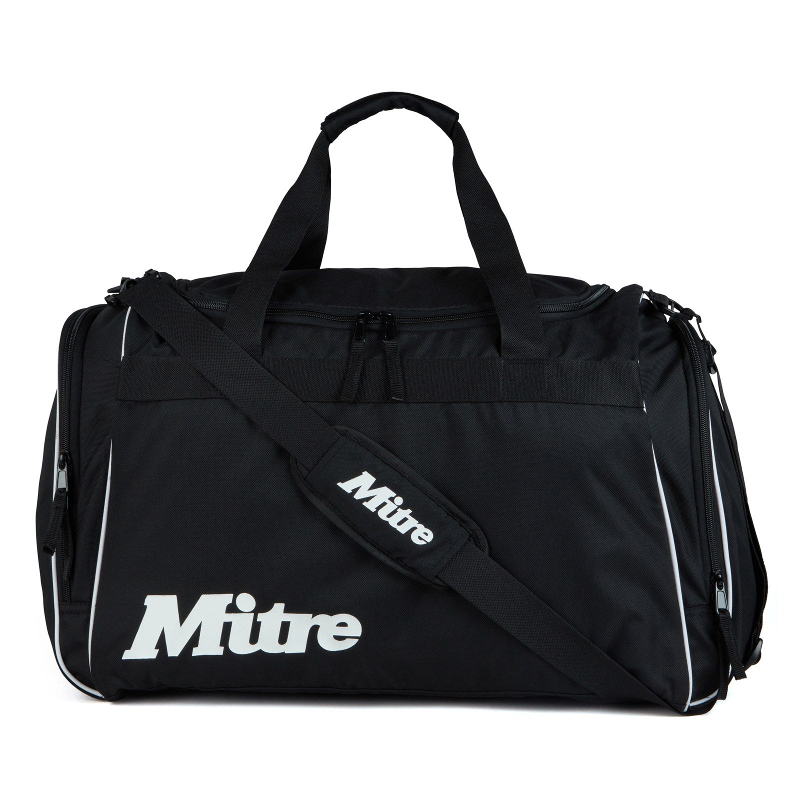Mitre Sunday League football bag with multiple compartments and adjustable straps, designed for carrying football gear.