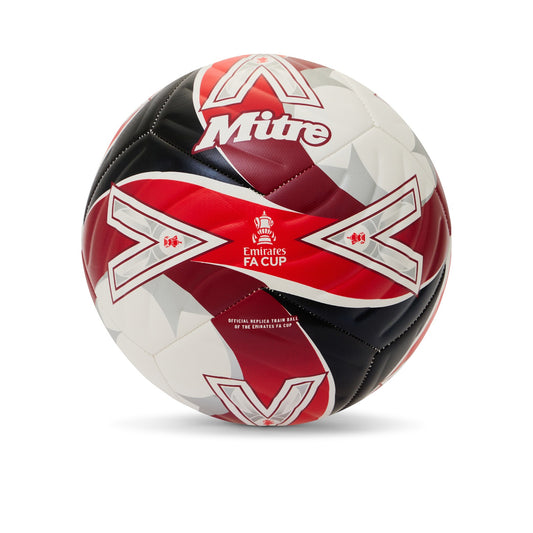 Mitre FA Cup football showing classic white design with black and gold accents, ready for match play.