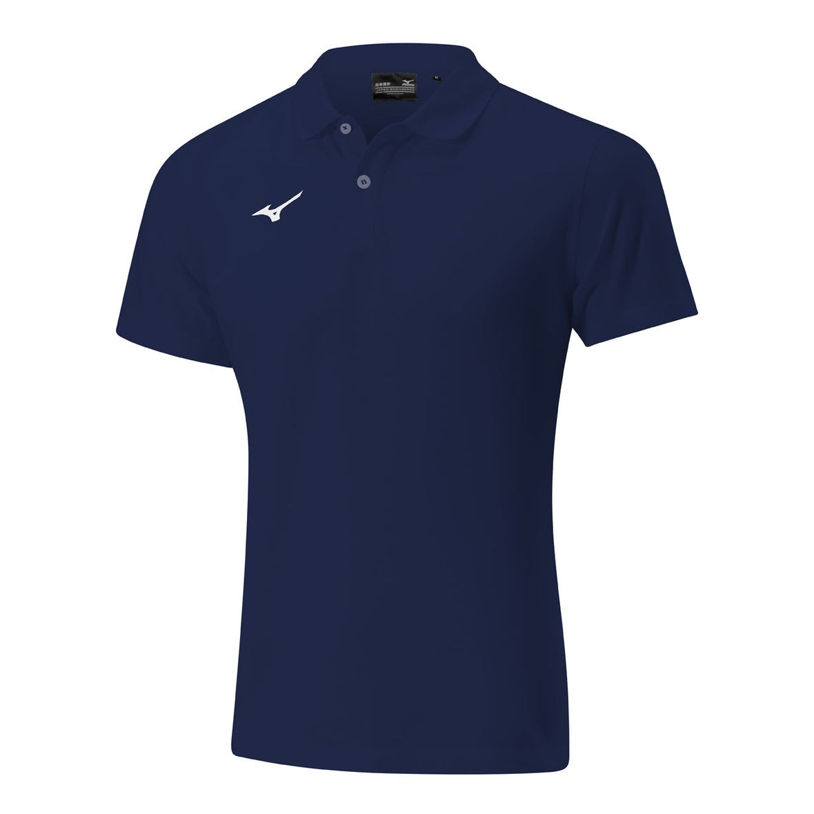 Mizuno Shizuoka Free Time Polo Shirt in navy with white accents, short sleeves, and Mizuno logo on chest.