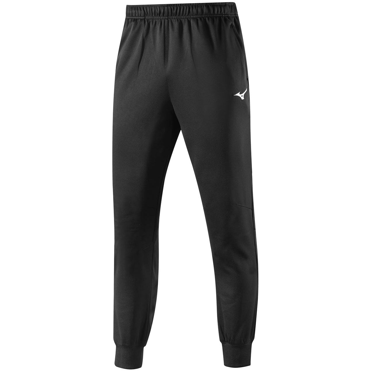 Mizuno Nara track pant in black, lightweight athletic clothing with Mizuno logo, designed for running and active wear.