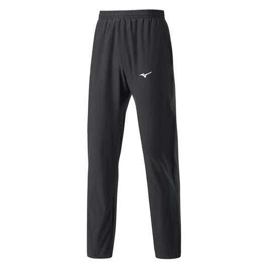 Mizuno Shiuoka track pants in navy blue with white side stripes, made of lightweight athletic fabric, designed for running and training.