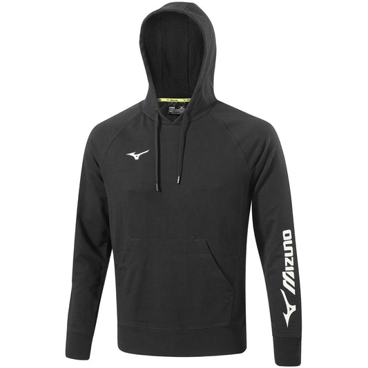 Mizuno Terry Hoodie in gray with front pocket and drawstring hood, made of soft terry cloth fabric for casual comfort.