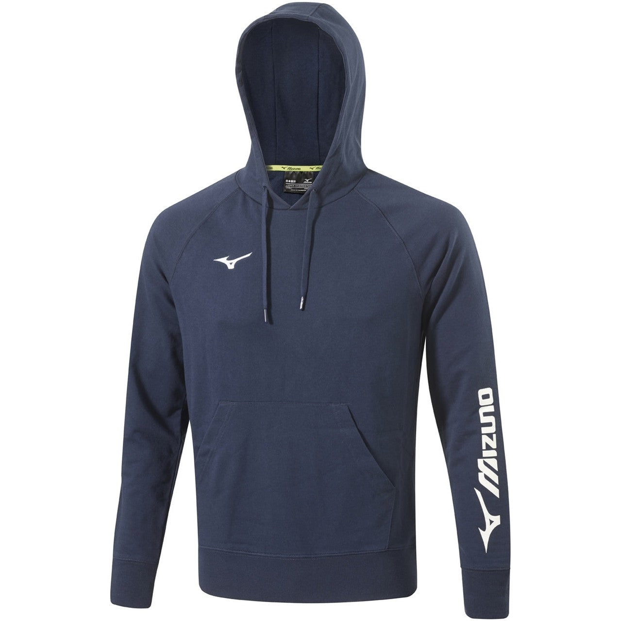 Mizuno Terry Hoodie in gray with front pocket and drawstring hood, casual athletic clothing for men or women.
