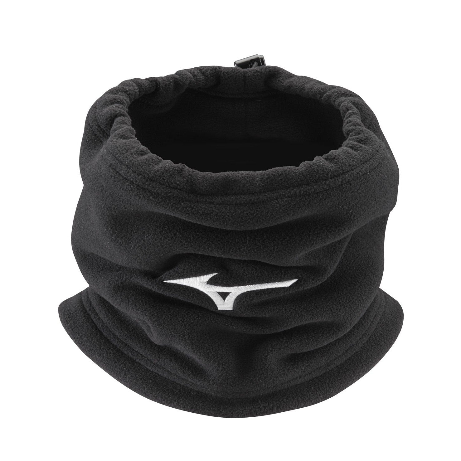 Black Mizuno snood accessory with soft knit fabric, ideal for cold weather and outdoor sports.