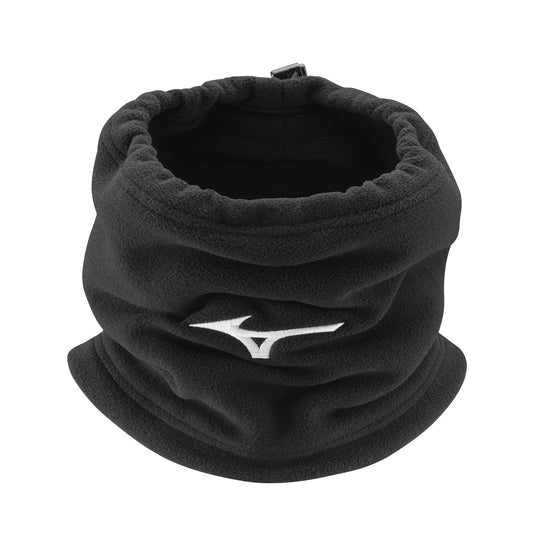 Black Mizuno snood accessory with soft knit fabric, ideal for cold weather and outdoor sports.