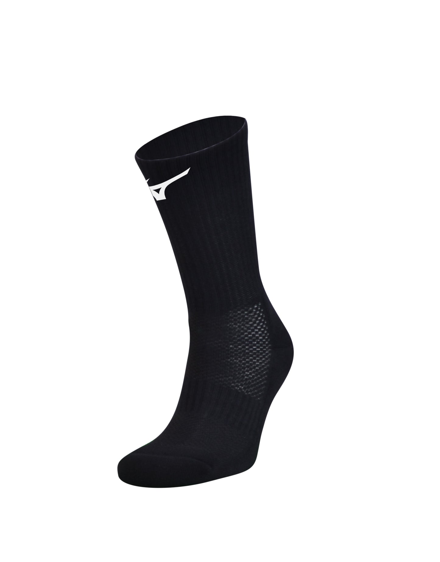 Pair of Mizuno crew socks in white with Mizuno branding, made for comfort and athletic performance.