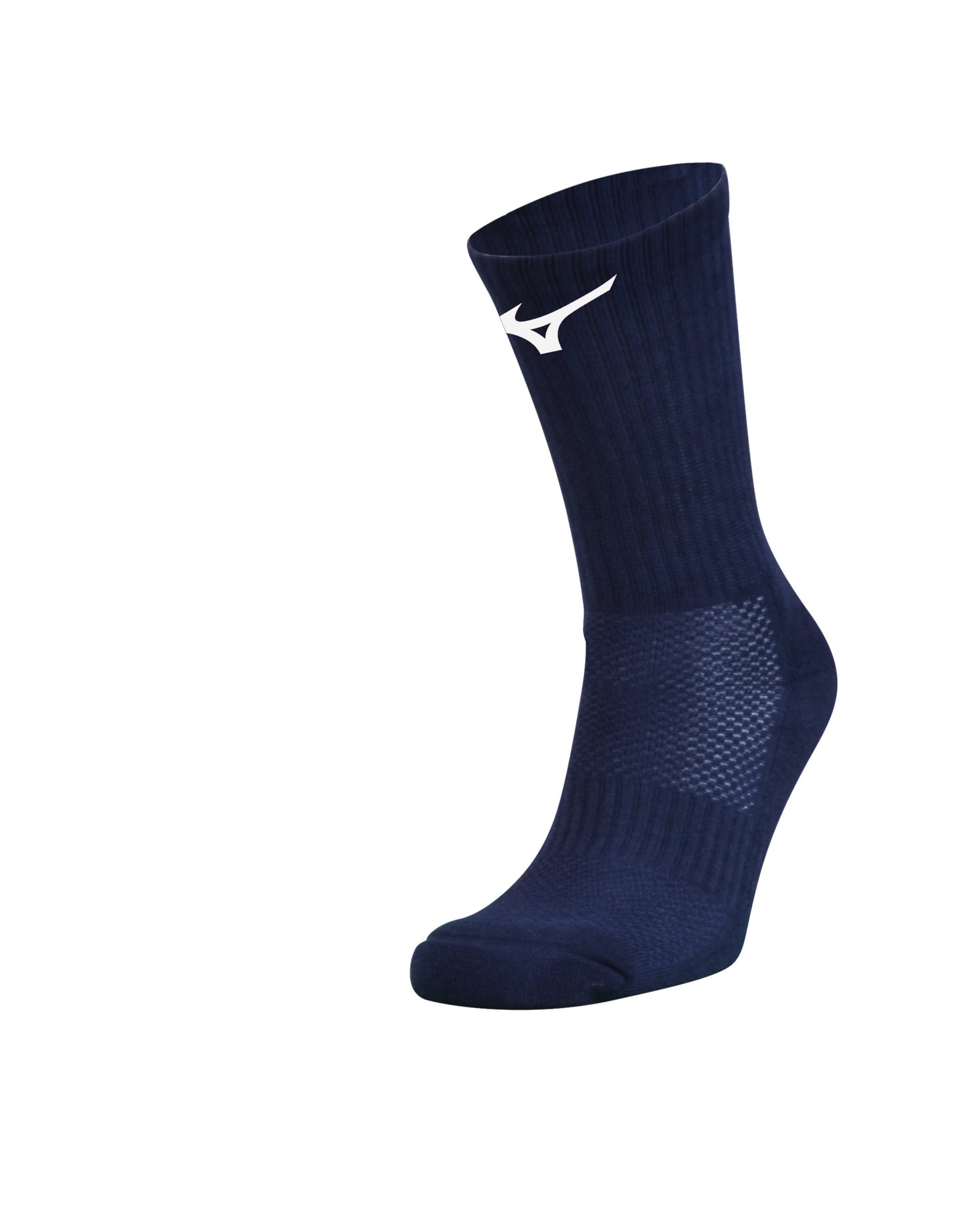 Pair of Mizuno crew socks in black with white accents, made of comfortable athletic material for sports and casual wear.