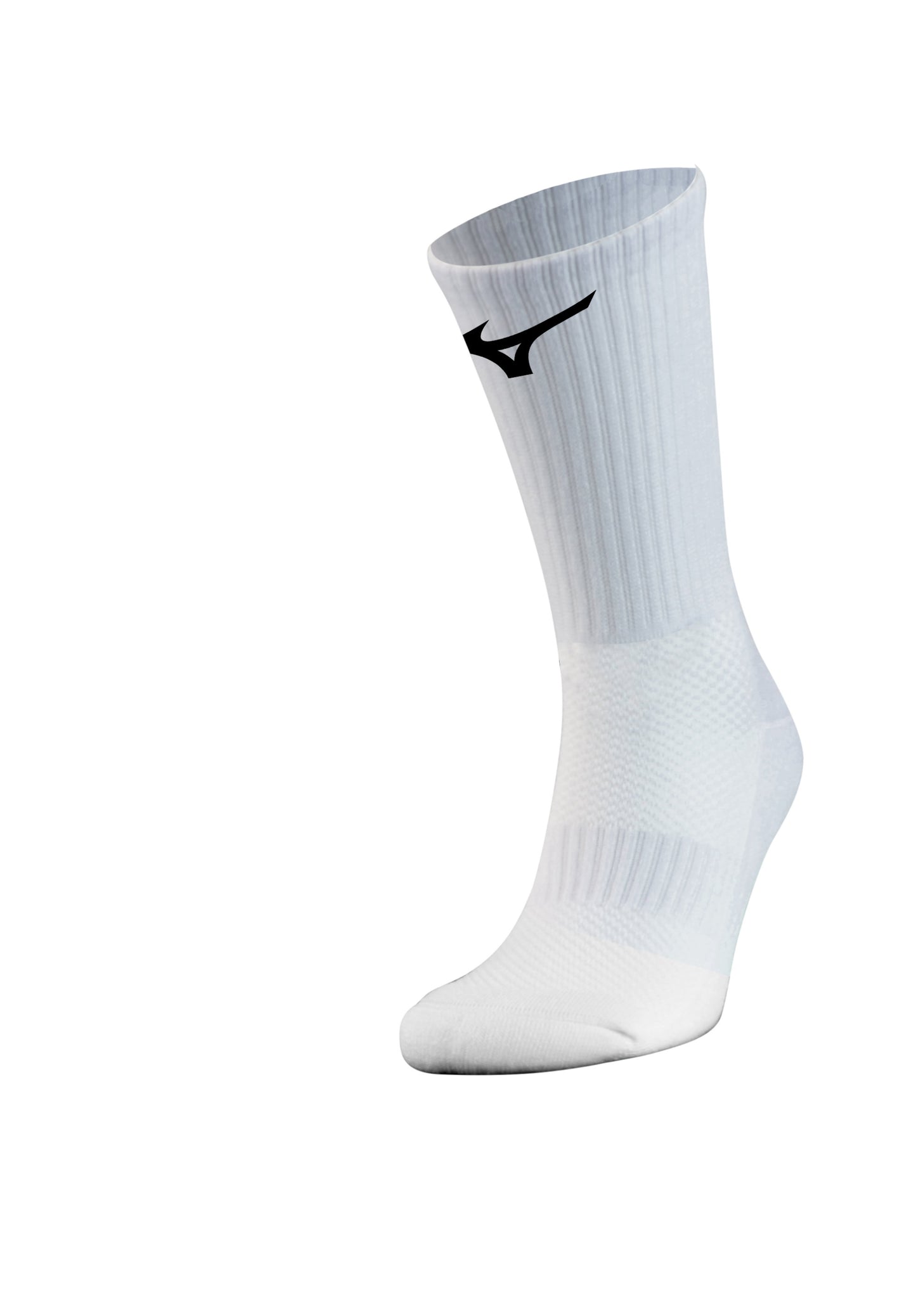 Pair of Mizuno Crew Socks, breathable sports accessories in white with Mizuno branding, designed for comfort and athletic activity.