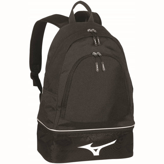 Mizuno backpack with multiple compartments and adjustable straps, durable fabric for sports and everyday use.