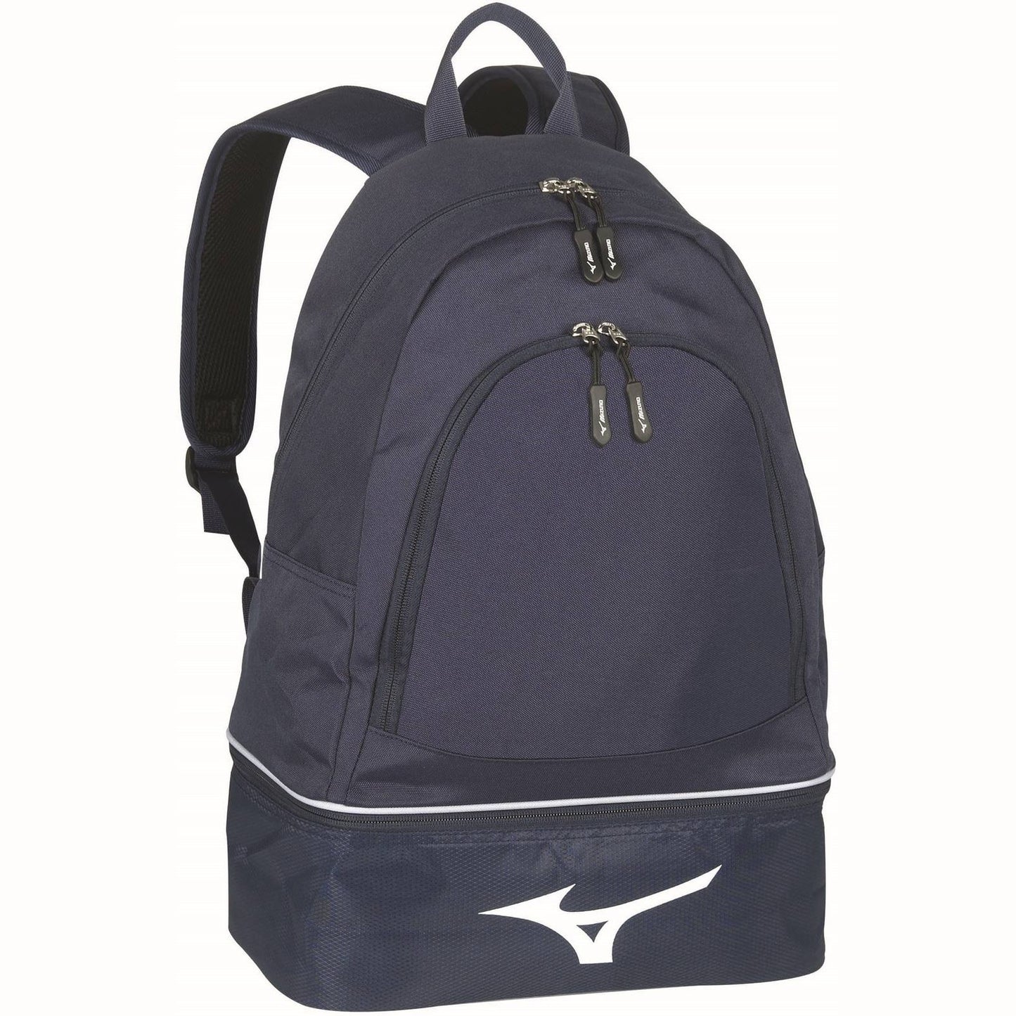 Mizuno backpack in black with multiple compartments and adjustable straps, designed for sports and everyday use.