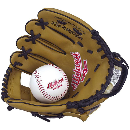 Midwest 10.5-inch youth baseball glove and ball set for left-handed players, sporting goods with leather glove and baseball.