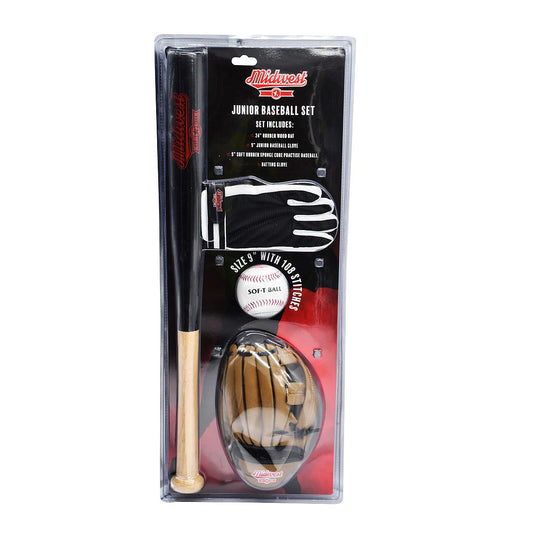 Midwest Junior Baseball Set featuring a baseball bat, ball, and glove, ideal for young players in sporting goods collection.